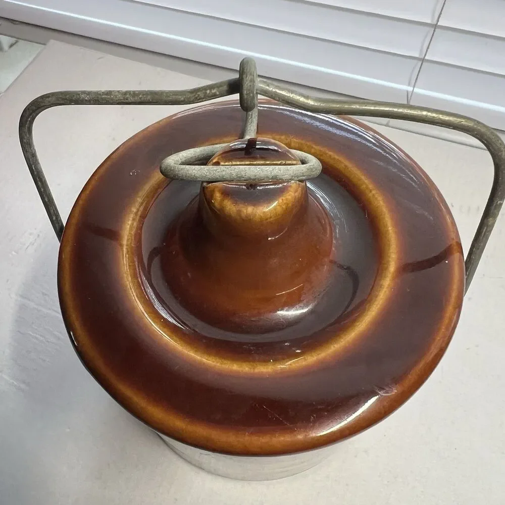 Vintage Brown Glazed Stoneware Cheese Crock Lid Locking Wire Bail Jar Flaws 5”